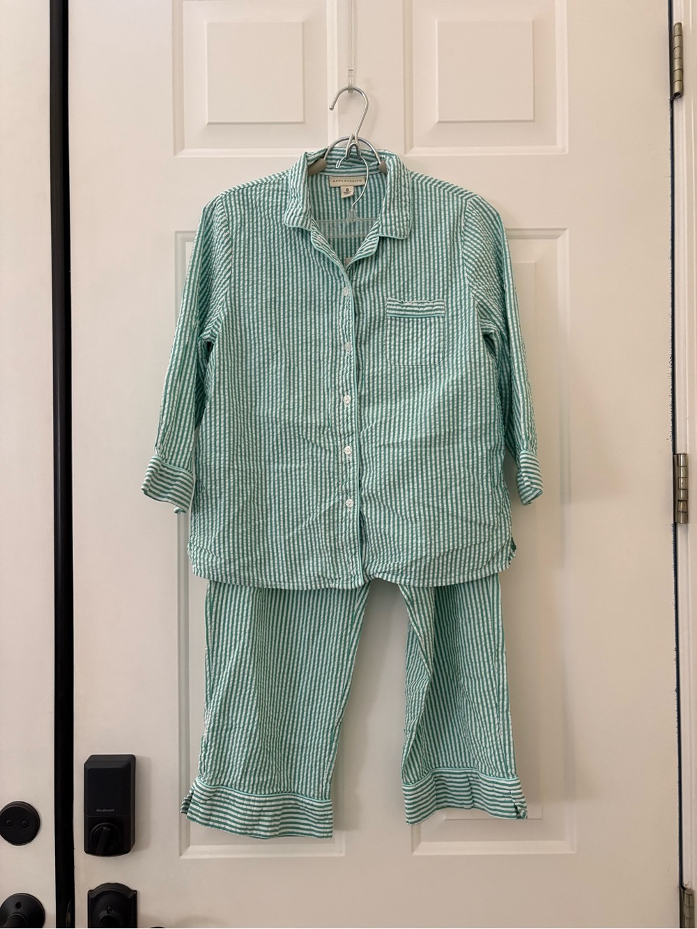 Appleseed's Striped Seersucker Pajama Set Women's S Green White Cotton Sleepwear